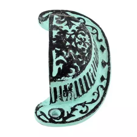 Aqua Green Distressed Floral D Pull Iron Handle